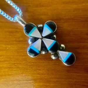 Vintage Native American Sterling Silver Cross Pendant with 18” Chain